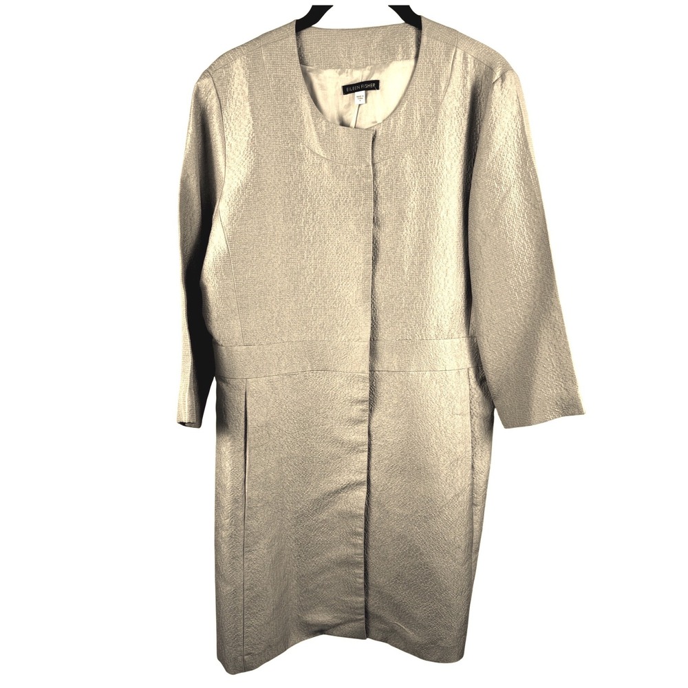 Eileen Fisher 100% Silk Coat Womens S Champagne Metallic Textured Longline